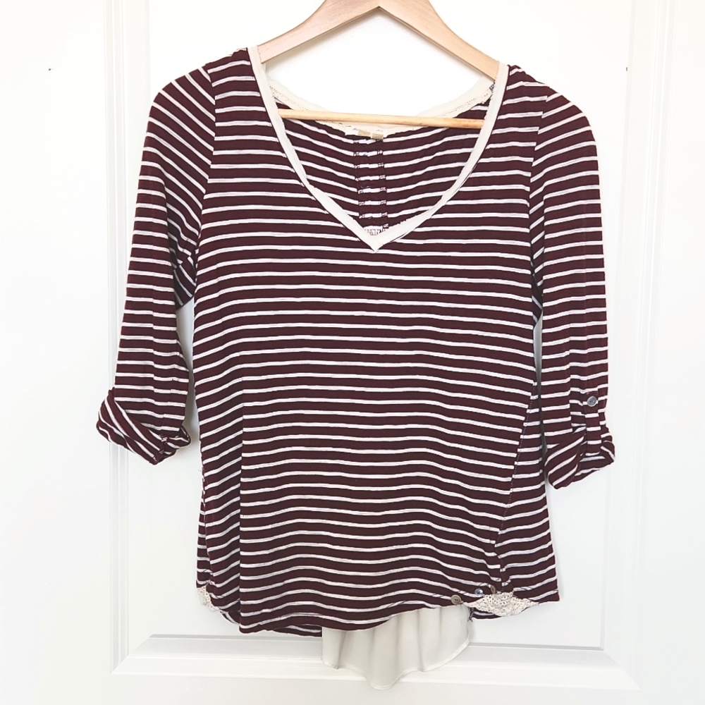 Meadow Rue medium red white striped 3/4 rolled sleeve lace shirt Anthro
